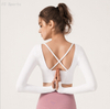 Yoga Long Sleeve T-Shirt Back Cross Sports Fitness Long Sleeve T-Shirt Women with Chest Pad crop top