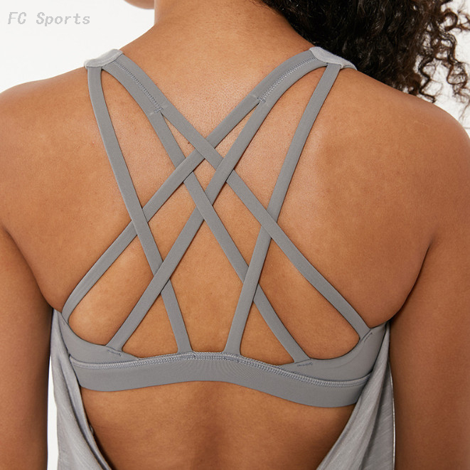 Two-in-one sports fitness vest women gathered cross beauty back sand bra loose yoga clothes